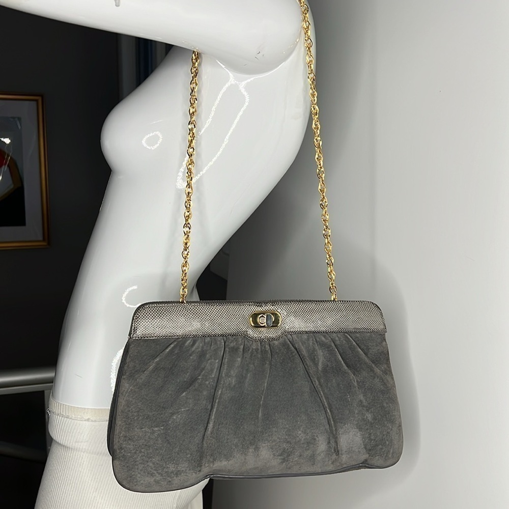 Gray Grey Suede Python Snakeskin Shoulder Clutch … - image 3